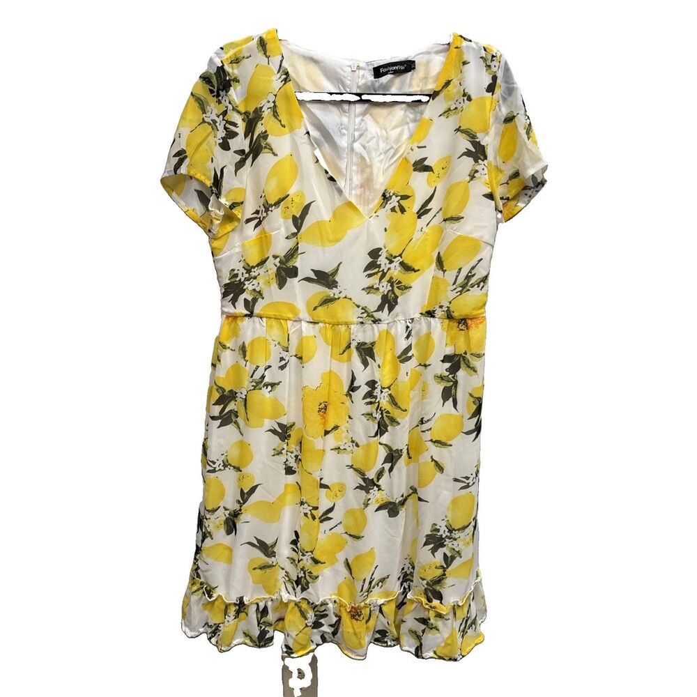 Fashion Mia White Lemon Print Fit Flare Dress Yellow Floral XL Lined Zip Ruffles